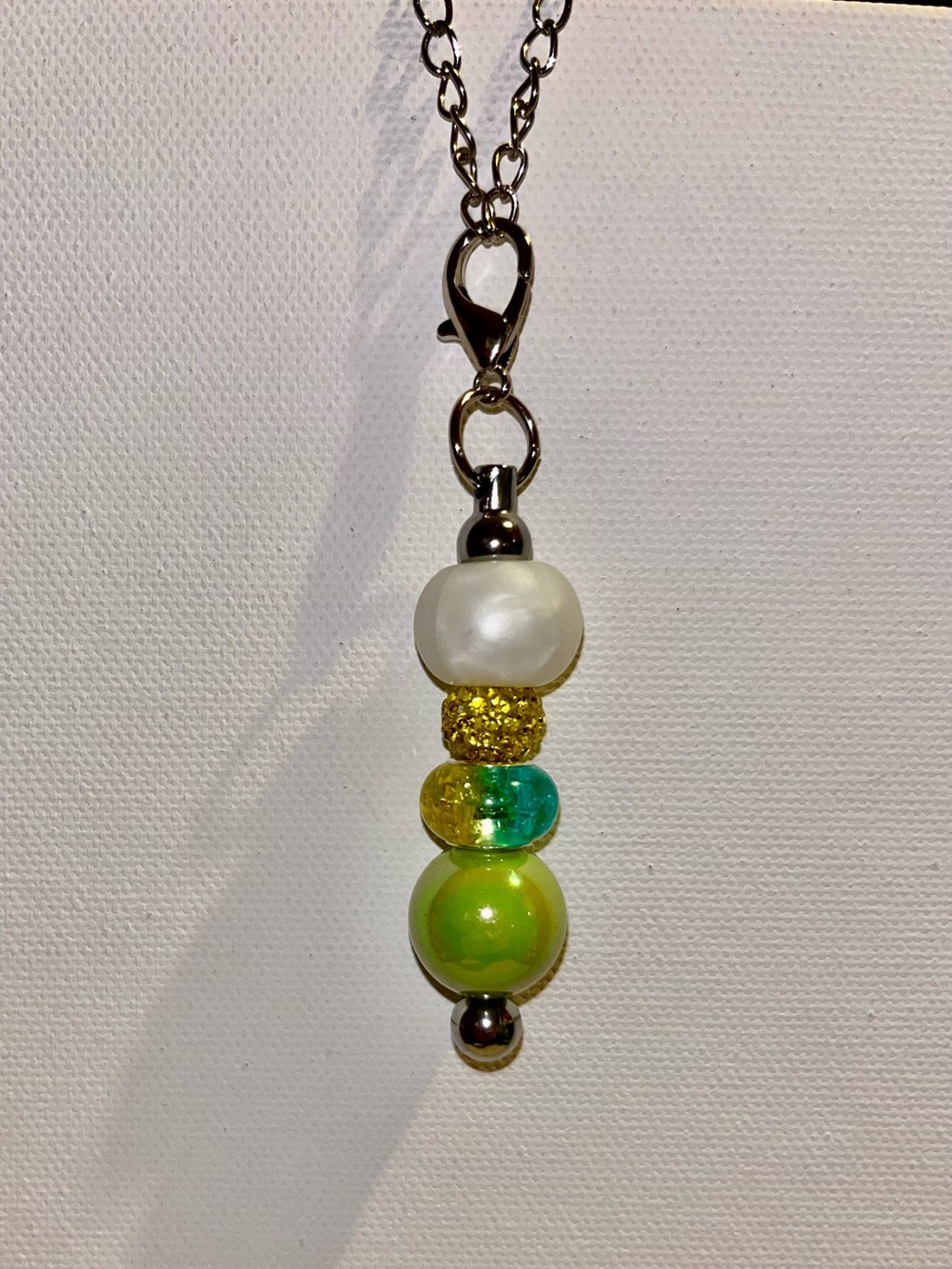 Silver Cup Charm w/Pearl & Iridescent Lime Green Beads & Gold Rhinestone Accents